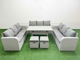 Fimous PE Rattan Lounge Sofa Set 11 Seater Outdoor Garden Furniture Set with Rectangular Dining Table 3 Seater Sofa 2 Stools 2 Side Table Light Grey - thumbnail 1