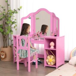 Gymax 2-in-1 Kids Vanity Table & Chair Set With Removable Tri-fold Mirror in Pink - thumbnail 5