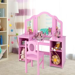 Gymax 2-in-1 Kids Vanity Table & Chair Set With Removable Tri-fold Mirror in Pink - thumbnail 6