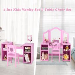 Gymax 2-in-1 Kids Vanity Table & Chair Set With Removable Tri-fold Mirror in Pink - thumbnail 3