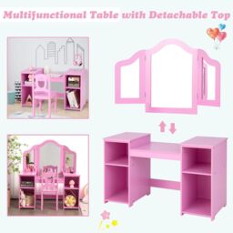 Gymax 2-in-1 Kids Vanity Table & Chair Set With Removable Tri-fold Mirror in Pink - thumbnail 4