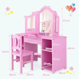 Gymax 2-in-1 Kids Vanity Table & Chair Set With Removable Tri-fold Mirror in Pink - thumbnail 2