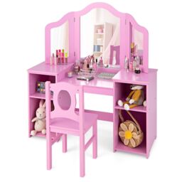 Gymax 2-in-1 Kids Vanity Table & Chair Set With Removable Tri-fold Mirror in Pink