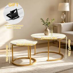 EONLION White Nesting Coffee Tables Set of 2 Round Stacking Sofa Side Tables - Size: 100 cm - thumbnail 2