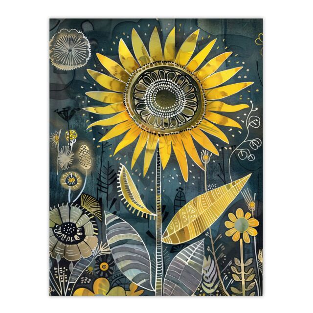 "Artery8 Mandala Pattern Orange Blue Sunflower Design Wall Art Print in Yellow - Size: W24"" x H32""" - image 1