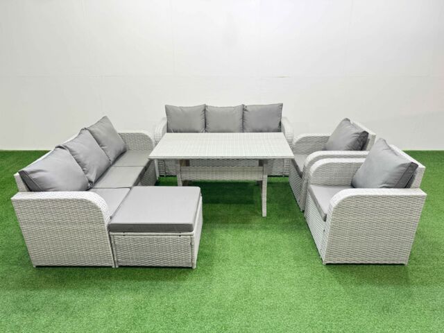Fimous PE Rattan High Back Lounge Sofa Set Patio Rectangular Dining Table & Chairs Set with 3 Seater Sofa Reclining Chair Big Footstool Light Grey - image 1
