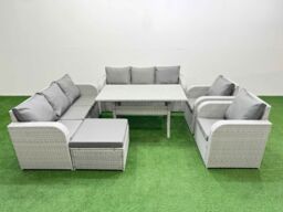 Fimous PE Rattan High Back Lounge Sofa Set Patio Rectangular Dining Table & Chairs Set with 3 Seater Sofa Reclining Chair Big Footstool Light Grey - thumbnail 2