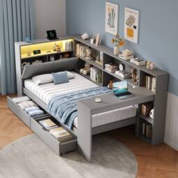 Merax 3ft Single Corner Cabin Bed with Desk, LED & Charging Station in Grey