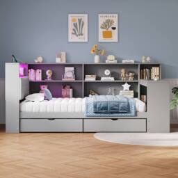 Merax 3ft Single Corner Cabin Bed with Desk, LED & Charging Station in Grey - thumbnail 6