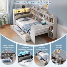 Merax 3ft Single Corner Cabin Bed with Desk, LED & Charging Station in Grey - thumbnail 7