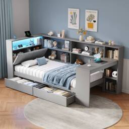 Merax 3ft Single Corner Cabin Bed with Desk, LED & Charging Station in Grey - thumbnail 2