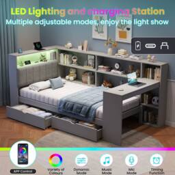 Merax 3ft Single Corner Cabin Bed with Desk, LED & Charging Station in Grey - thumbnail 9