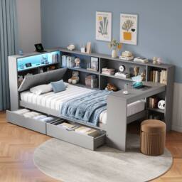 Merax 3ft Single Corner Cabin Bed with Desk, LED & Charging Station in Grey - thumbnail 4