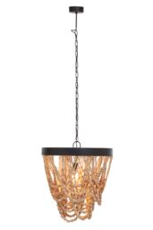 Orsina Rustic Wood Bead Chandelier, Coastal Weathered Bead Light Fixture, Hanging Pendant, Height Adjustable Light in Brown