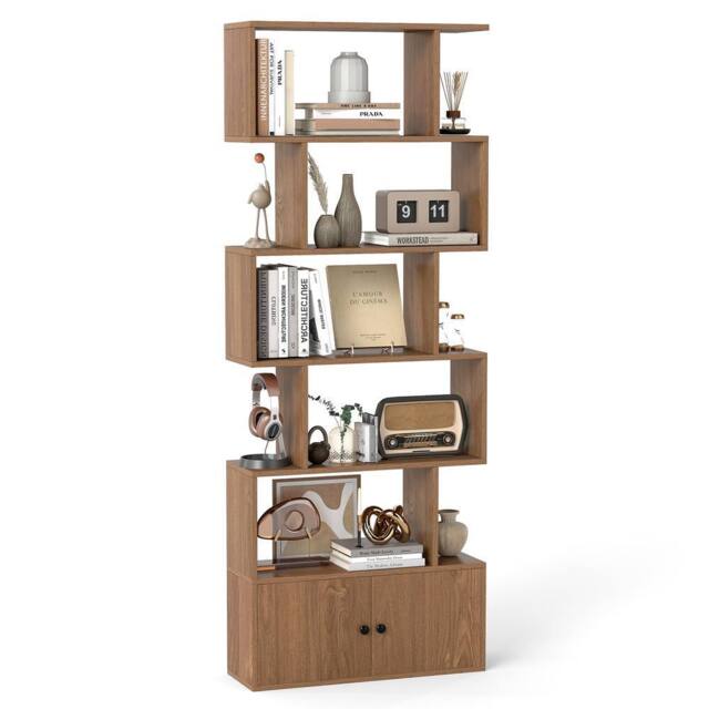 Costway 6-Tier Bookshelf w/ Cabinet S-Shaped Bookcase Shelf Storage Organizer in Natural - image 1