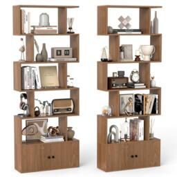 Costway 6-Tier Bookshelf w/ Cabinet S-Shaped Bookcase Shelf Storage Organizer in Natural - thumbnail 3