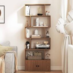 Costway 6-Tier Bookshelf w/ Cabinet S-Shaped Bookcase Shelf Storage Organizer in Natural - thumbnail 9