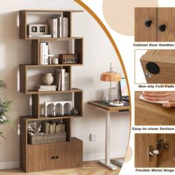 Costway 6-Tier Bookshelf w/ Cabinet S-Shaped Bookcase Shelf Storage Organizer in Natural - thumbnail 4