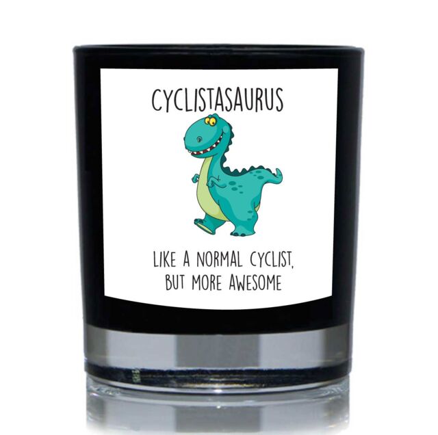 60 SECOND MAKEOVER Cyclistasaurus, Like A Normal Cyclist But More Awesome, Dinosaur Funny 20cl Candle in Black