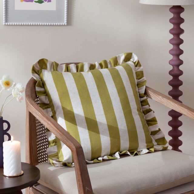 Furn Linen Stripe Printed Ruffle Cushion in Olive - Size: 50 cm x 50 cm - image 1