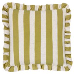 Furn Linen Stripe Printed Ruffle Cushion in Olive - Size: 50 cm x 50 cm - thumbnail 2