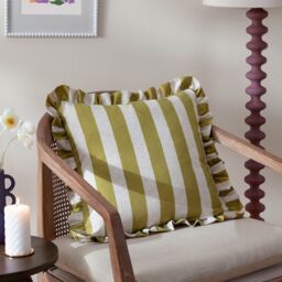 Furn Linen Stripe Printed Ruffle Cushion in Olive - Size: 50 cm x 50 cm