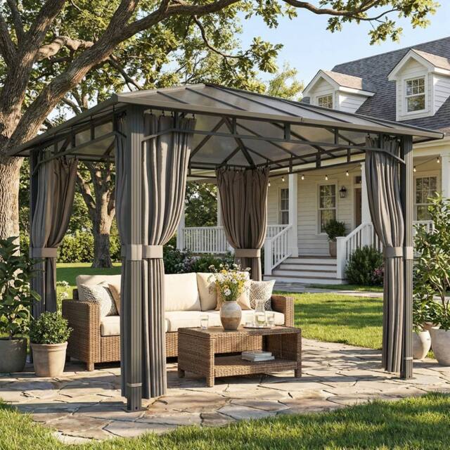 OUTSUNNY 3 x 3 m Hardtop Gazebo with PC Roof, Aluminium Garden Gazebo in Dark Grey - Size: 3m x 3m - image 1