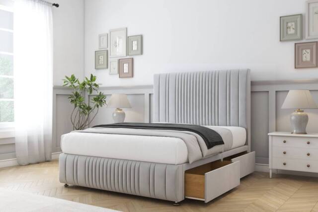 "Comfort Beds The Foxy Plush Divan Base 2 Drawers - 26"" Headboard-Footboard in Silver - Size: Small Single" - image 1