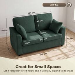 HOMCOM 2 Seater Sofa, Corduroy Small Couch with Spring Cushion, Dark Green - thumbnail 3