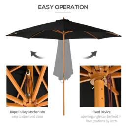 OUTSUNNY 3m Fir Wooden Garden Parasol Sun Shade Outdoor Umbrella Canopy in Black - thumbnail 4