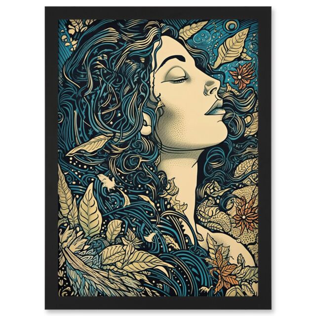 Artery8 Mother Nature Modern Boho Art Nouveau Linocut Artwork Framed Wall Art Print A4 in Black - image 1
