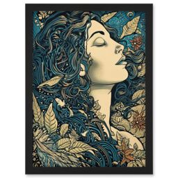 Artery8 Mother Nature Modern Boho Art Nouveau Linocut Artwork Framed Wall Art Print A4 in Black - thumbnail 1