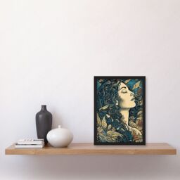 Artery8 Mother Nature Modern Boho Art Nouveau Linocut Artwork Framed Wall Art Print A4 in Black - thumbnail 2