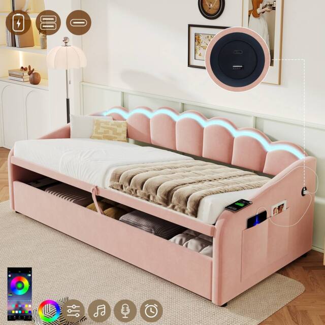 ModernLuxe Upholstered single daybed with LED ottoman storage in Pink - image 1