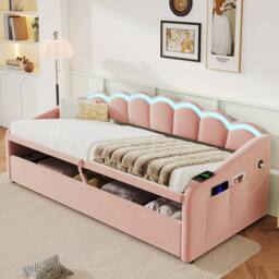 ModernLuxe Upholstered single daybed with LED ottoman storage in Pink - thumbnail 3