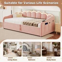 ModernLuxe Upholstered single daybed with LED ottoman storage in Pink - thumbnail 6