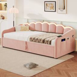 ModernLuxe Upholstered single daybed with LED ottoman storage in Pink - thumbnail 4