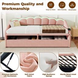 ModernLuxe Upholstered single daybed with LED ottoman storage in Pink - thumbnail 8