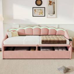 ModernLuxe Upholstered single daybed with LED ottoman storage in Pink - thumbnail 5