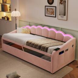 ModernLuxe Upholstered single daybed with LED ottoman storage in Pink - thumbnail 2