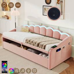 ModernLuxe Upholstered single daybed with LED ottoman storage in Pink