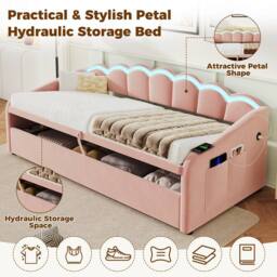 ModernLuxe Upholstered single daybed with LED ottoman storage in Pink - thumbnail 7