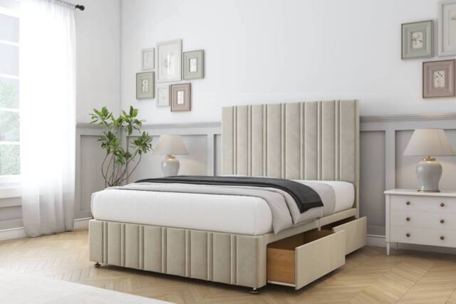 "Comfort Beds Lorenzo Plush Divan Base 2 Drawers - 26"" Headboard-Footboard in Cream - Size: King" - image 1