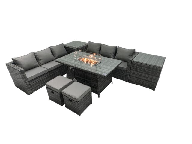 Fimous Rattan Garden Furniture Firepit Dining Set 8 Seater Lounge Sofa Table Set with 2 Small Footstools in Dark Grey - image 1