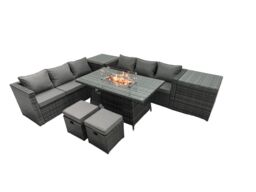 Fimous Rattan Garden Furniture Firepit Dining Set 8 Seater Lounge Sofa Table Set with 2 Small Footstools in Dark Grey - thumbnail 2