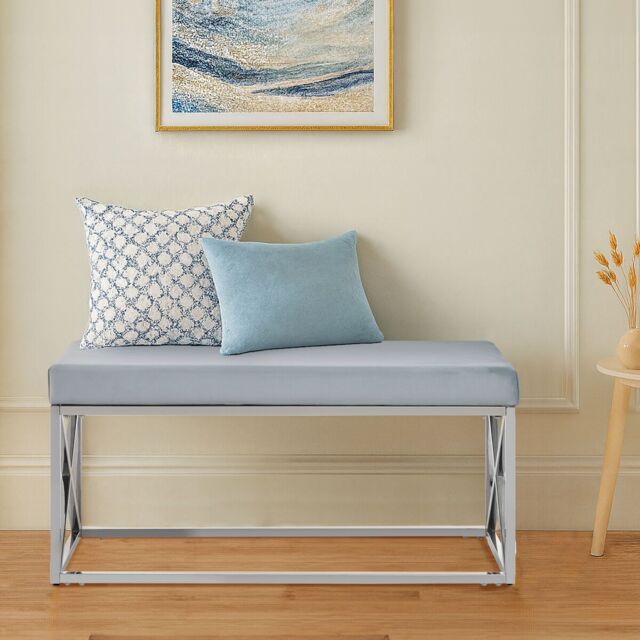 Orsina Mink Tufted Bench with Silver Stainless Steel Frame, Luxe Velvet Upholstered Accent Bench, Mink-Toned Seat in Blue - image 1