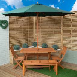 Samuel Alexander 6 Person Dining Table, 2 Benches, Chairs with Green Parasol & Base in Brown - thumbnail 2