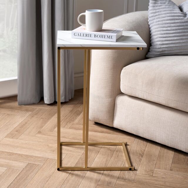 OHS Marble Effect C-Shaped Coffee Table Sofa Desk in White - image 1