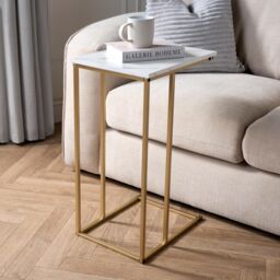 OHS Marble Effect C-Shaped Coffee Table Sofa Desk in White - thumbnail 2
