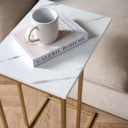 OHS Marble Effect C-Shaped Coffee Table Sofa Desk in White - thumbnail 3